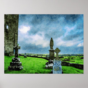 Póster Pintura acuarela del cementerio de Rock of Cashel