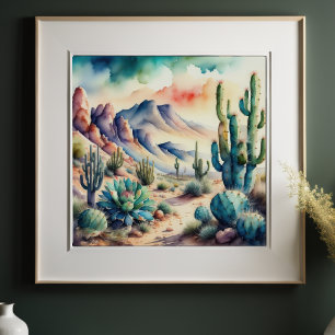 Póster Pintura acuarela del desierto paisajístico rural