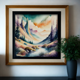 Póster Pintura acuarela del paisaje montañoso