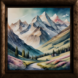 Póster Pintura acuarela del paisaje montañoso