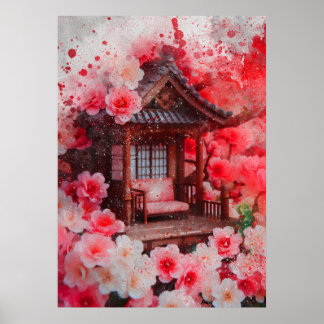 Póster pintura acuarela en flor de cerezo japonés