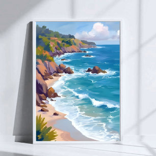 Póster Pintura Acuarela Marea Oceánica Azul Costera