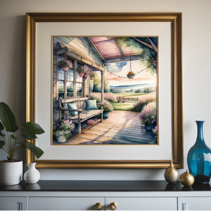 Póster Pintura acuática de acogedor porche campestre