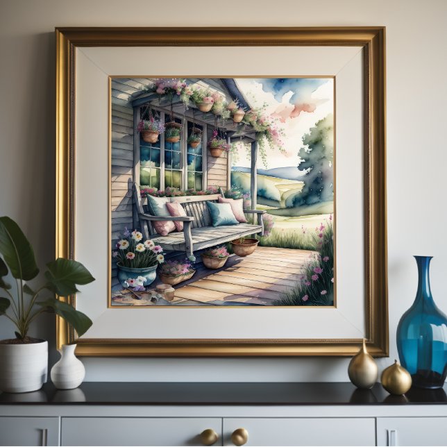 Póster Pintura acuática de acogedor porche campestre (Subido por el creador)