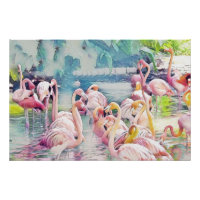Pintura acuática de flamencos rosados en el agua