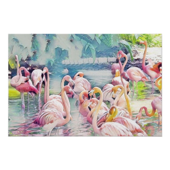 Póster Pintura acuática de flamencos rosados en el agua (Anverso)