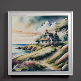 Póster Pintura acuática de la cabaña costera