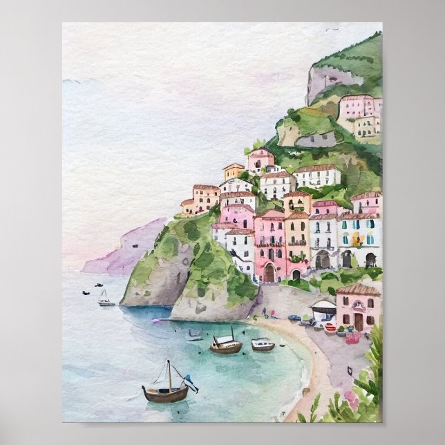Póster Pintura acuática de la costa de Amalfi (Frente)