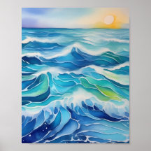 Pintura acuática de olas azules