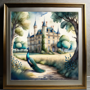 Póster Pintura acuática de pavo real y castillo