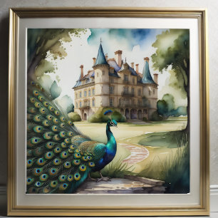 Póster Pintura acuática de pavo real y castillo 1:1