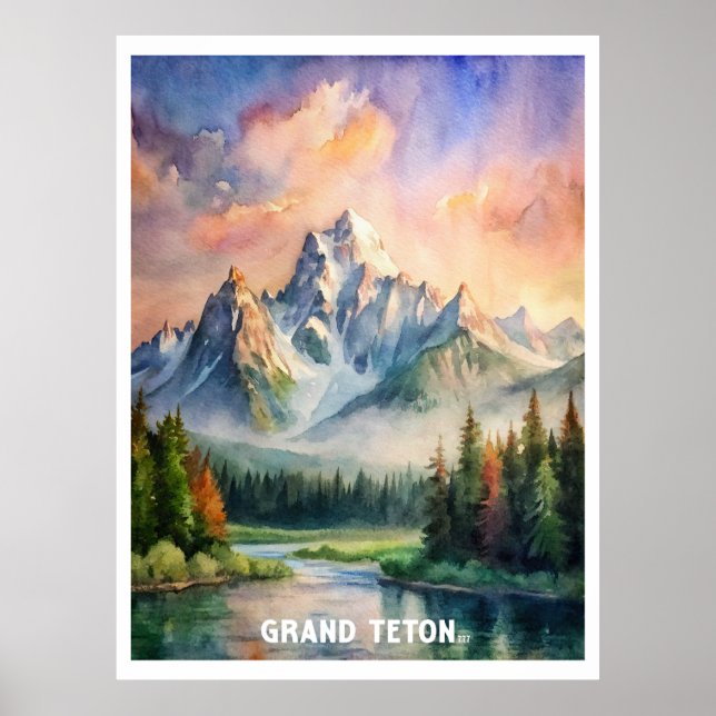 Póster Pintura acuática del parque nacional del Gran Tetó (Frente)