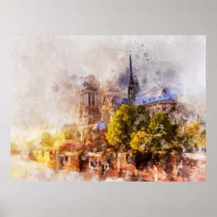 Póster Pintura al Acuarela Catedral de Notre Dame Amanece