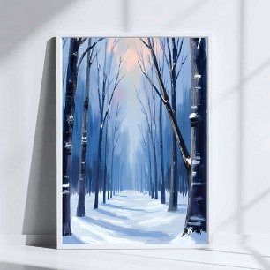 Póster Pintura al Acuarela de Bosque de Pinos Invierno