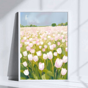 Póster Pintura al Acuarela de Campo de Tulipanes Blancos