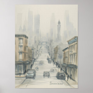 Póster Pintura al Acuarela de la Calle Brumosa de Staten 