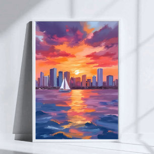 Póster Pintura al Acuarela de la Reflexión del Atardecer 