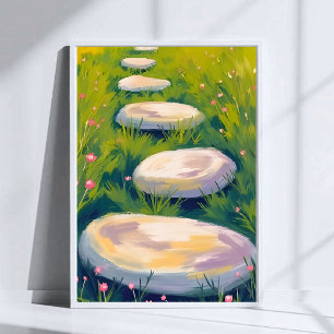 Póster Pintura al Acuarela de Piedras de Paso de Jardín