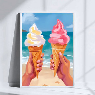 Póster Pintura al Acuarela de Playa de Helado Océano