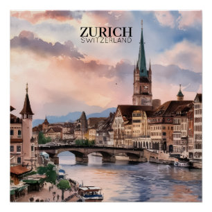 Póster Pintura al acuarela de Zúrich Suiza