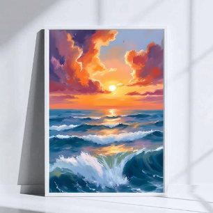 Póster Pintura al Acuarela del Atardecer en el Mar Brilla