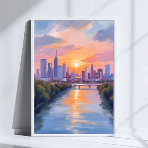 Póster Pintura al Acuarela del Atardecer en el Paisaje Ur