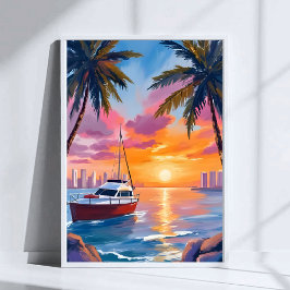 Póster Pintura al Acuarela del Atardecer en la Bahía de B