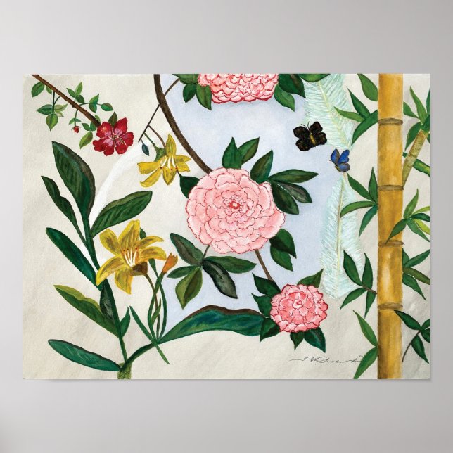 Póster PINTURA AL ACUARELA - Flores y Mariposas (Frente)