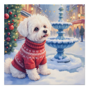 Póster Pintura al agua Bichon Frise Fuente Festiva Navida