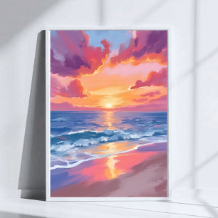 Póster Pintura al agua del mar olas puesta de sol océano