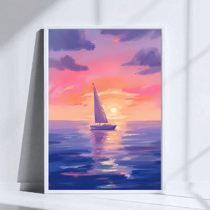 Póster Pintura al aguarela de vela al atardecer pastel pú