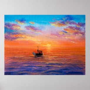 Póster pintura al óleo abstracta de barcos de pesca y mar