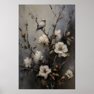 Póster Pintura al óleo antigua de árboles de pájaros, vin