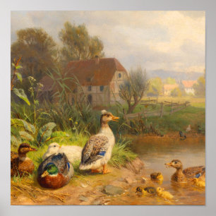 Póster Pintura al óleo antigua de un estanque de patos en