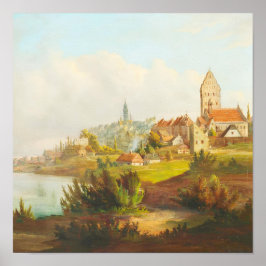 Póster Pintura al óleo antigua de un pueblo europeo junto