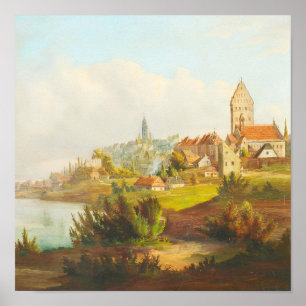 Póster Pintura al óleo antigua de un pueblo europeo junto