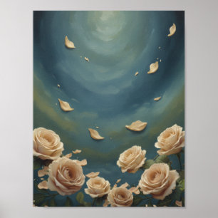 Póster Pintura al óleo azul teñido de rosas y pétalos flo