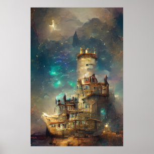 Póster Pintura al óleo castillo, castillo en noche estrel