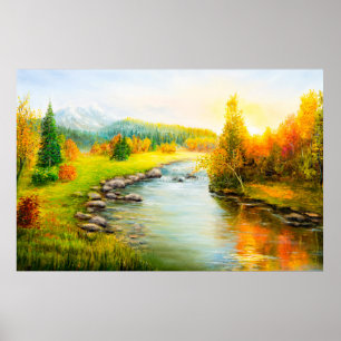 Póster pintura al óleo de bello paisaje otoñal, bosque