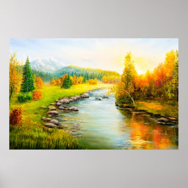 Póster pintura al óleo de bello paisaje otoñal, bosque (Frente)