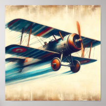 Pintura al óleo de biplano clásico vintage volando
