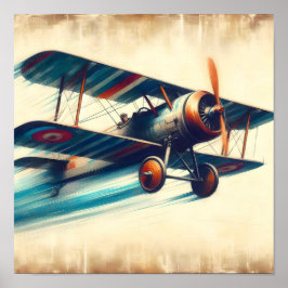Póster Pintura al óleo de biplano clásico vintage volando