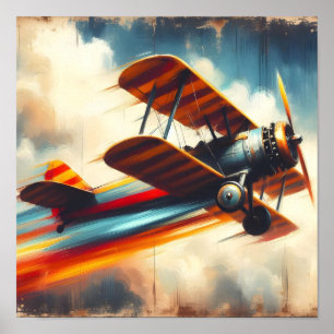 Póster Pintura al óleo de biplano vintage retro