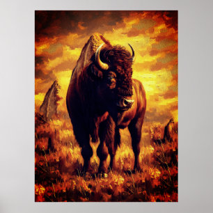Póster Pintura al óleo de bisonte majestuoso: puesta de s