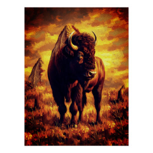 Póster Pintura al óleo de bisonte majestuoso: puesta de s