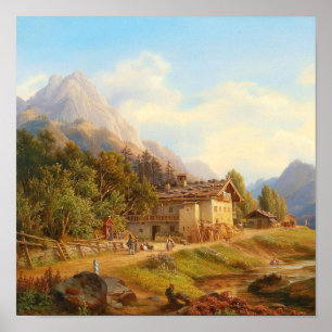 Póster Pintura al óleo de cabaña alpina vintage