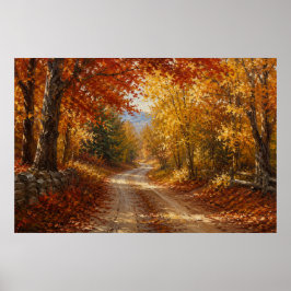 Póster Pintura al óleo de camino del bosque otoñal