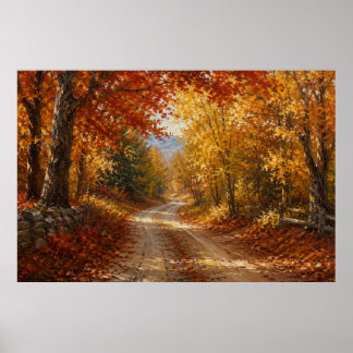 Póster Pintura al óleo de camino del bosque otoñal
