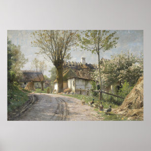 Póster Pintura al óleo de camino rural vintage con patos