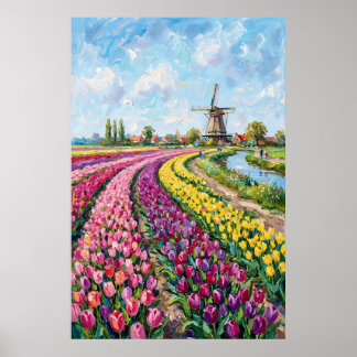 Póster Pintura al óleo de campo de tulipanes holandeses